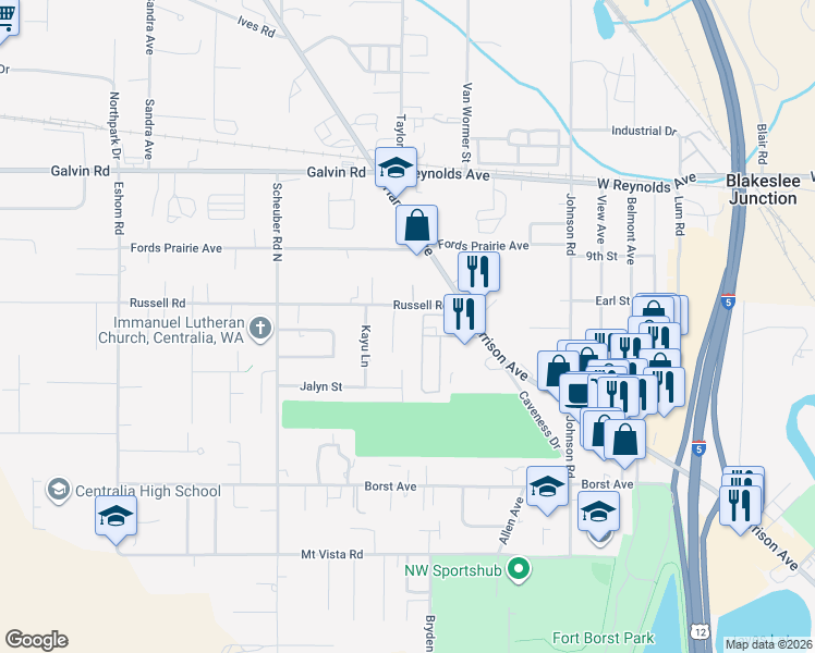 map of restaurants, bars, coffee shops, grocery stores, and more near 2802 Russell Road in Centralia