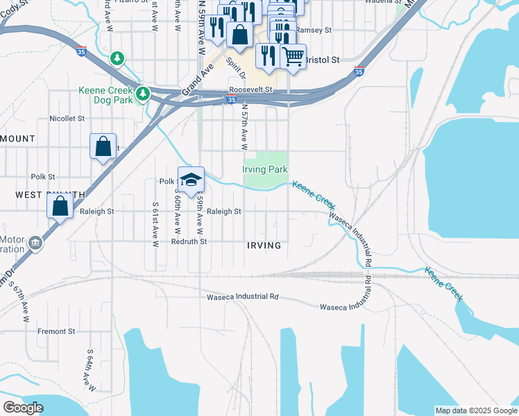 map of restaurants, bars, coffee shops, grocery stores, and more near 5620 Raleigh Street in Duluth