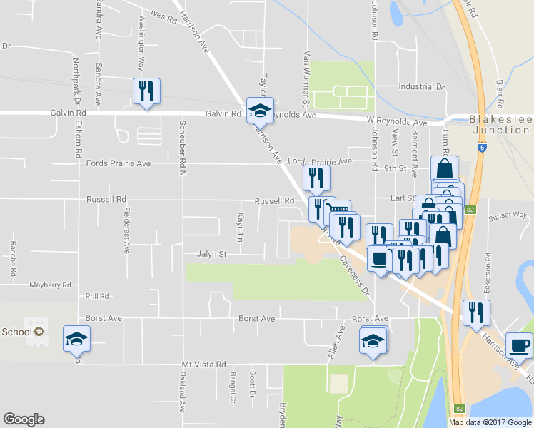map of restaurants, bars, coffee shops, grocery stores, and more near 2802 Russell Road in Centralia