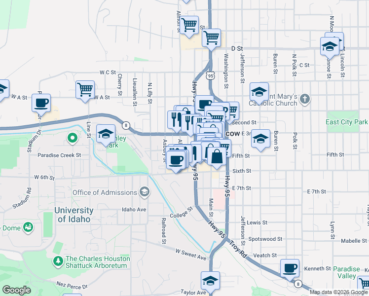 map of restaurants, bars, coffee shops, grocery stores, and more near 421 South Jackson Street in Moscow