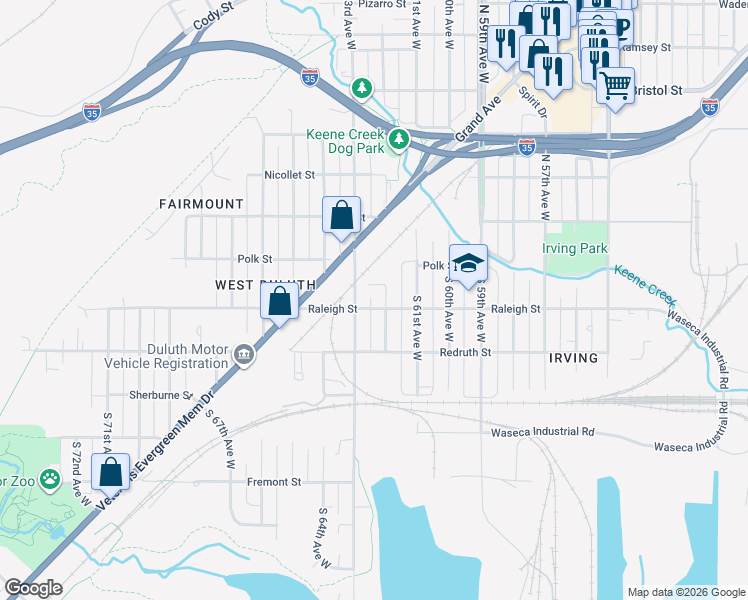 map of restaurants, bars, coffee shops, grocery stores, and more near 6210 Raleigh Street in Duluth