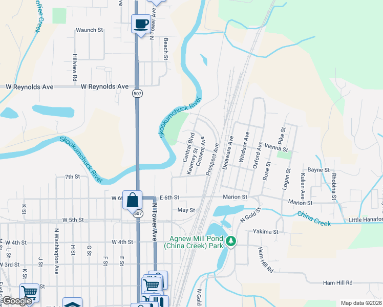 map of restaurants, bars, coffee shops, grocery stores, and more near 1321 Cresent Avenue in Centralia