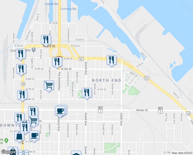 map of restaurants, bars, coffee shops, grocery stores, and more near 526 Weeks Avenue in Superior