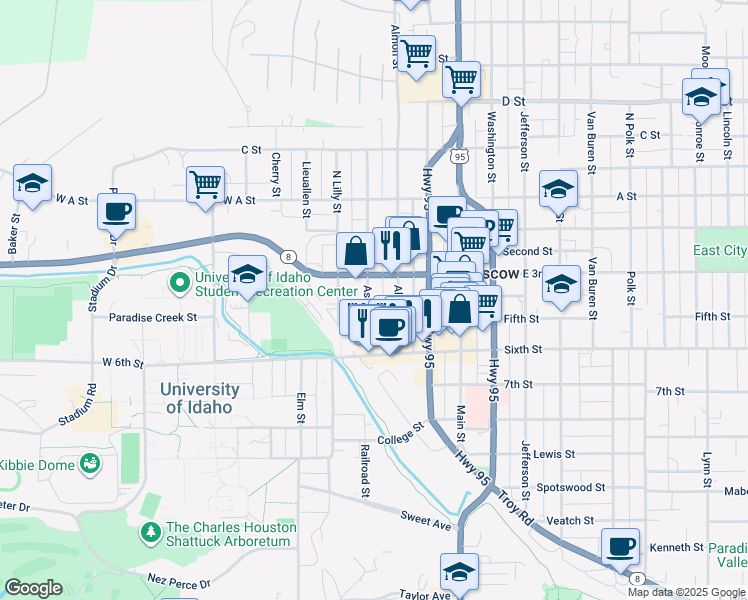 map of restaurants, bars, coffee shops, grocery stores, and more near 326 South Asbury Street in Moscow