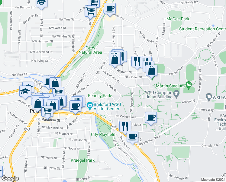 map of restaurants, bars, coffee shops, grocery stores, and more near 855 Northeast Oak Street in Pullman