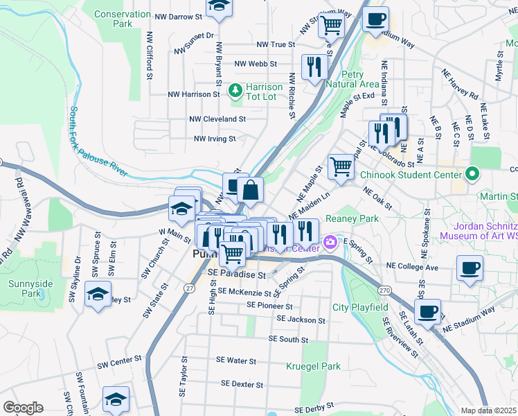 map of restaurants, bars, coffee shops, grocery stores, and more near 320 Northeast Palouse Street in Pullman