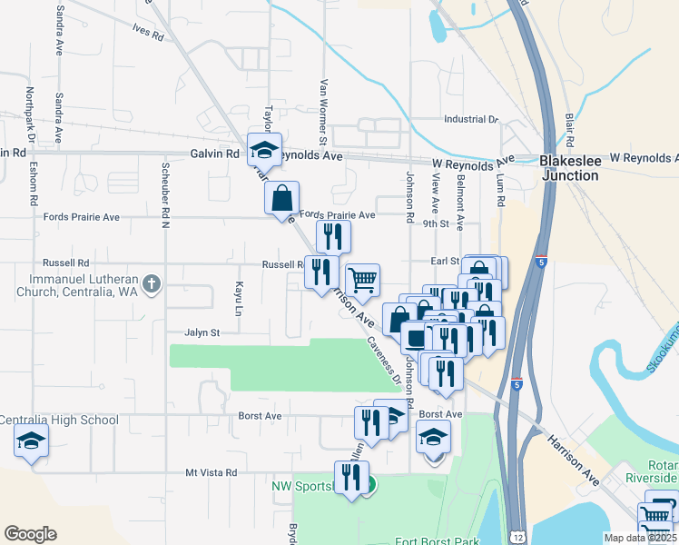map of restaurants, bars, coffee shops, grocery stores, and more near 1310 Harrison Avenue in Centralia