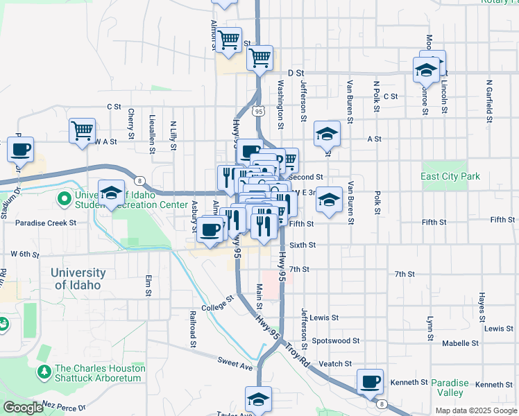 map of restaurants, bars, coffee shops, grocery stores, and more near 507 South Main Street in Moscow