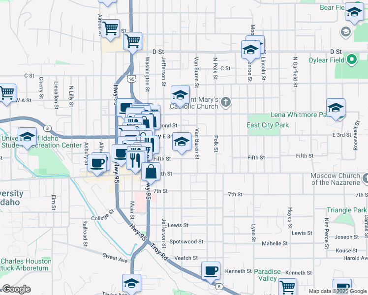 map of restaurants, bars, coffee shops, grocery stores, and more near 402 East 5th Street in Moscow