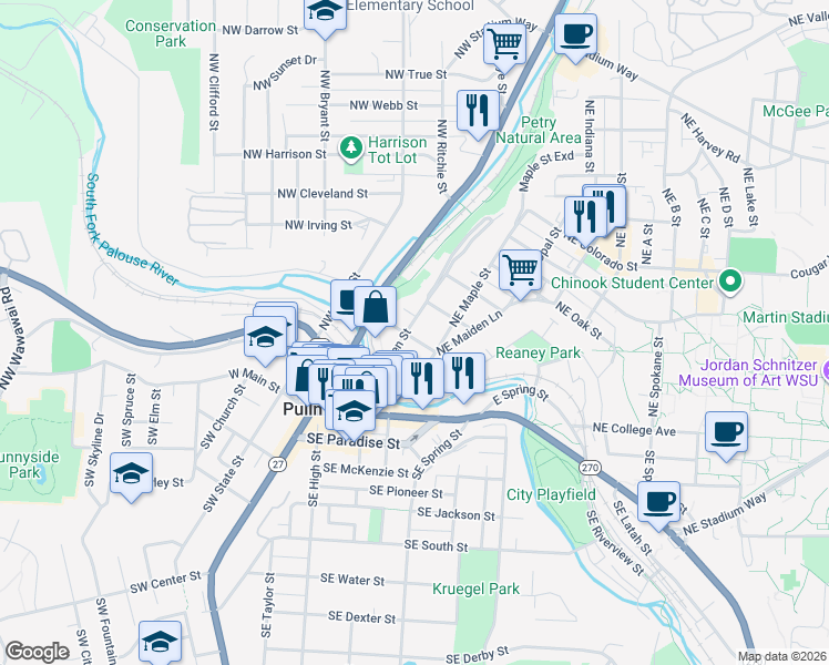 map of restaurants, bars, coffee shops, grocery stores, and more near 140 Northeast Whitman Street in Pullman