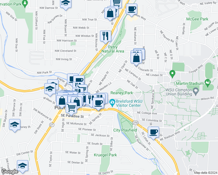 map of restaurants, bars, coffee shops, grocery stores, and more near 520 Northeast Maple Street in Pullman