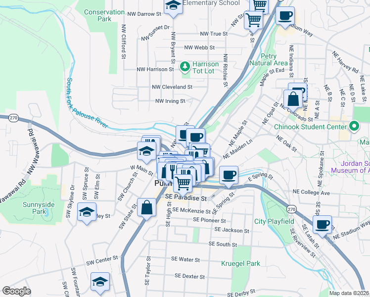 map of restaurants, bars, coffee shops, grocery stores, and more near 205 Northwest Whitman Street in Pullman