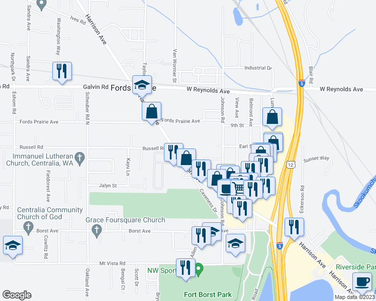 map of restaurants, bars, coffee shops, grocery stores, and more near 1318 Harrison Avenue in Centralia