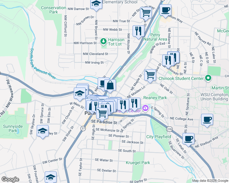 map of restaurants, bars, coffee shops, grocery stores, and more near 140 Northeast Whitman Street in Pullman