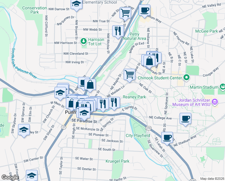 map of restaurants, bars, coffee shops, grocery stores, and more near 520 Northeast Maple Street in Pullman