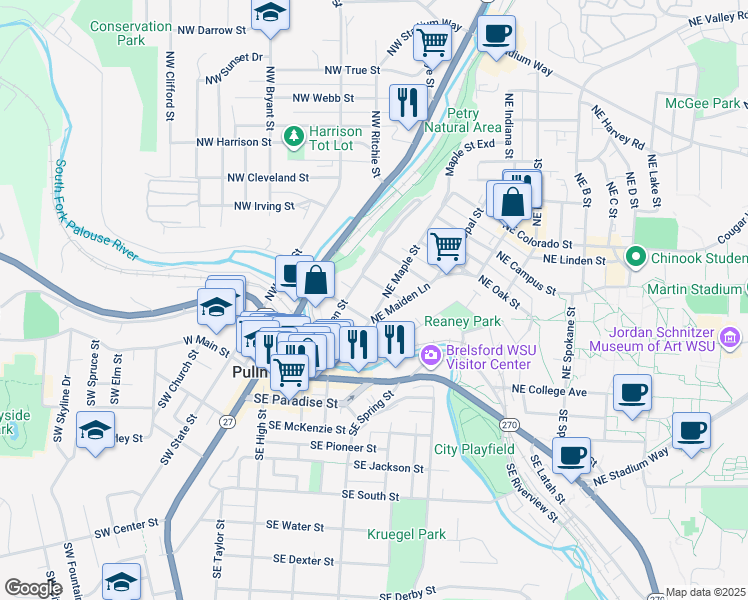 map of restaurants, bars, coffee shops, grocery stores, and more near 310 Northeast Spaulding Street in Pullman