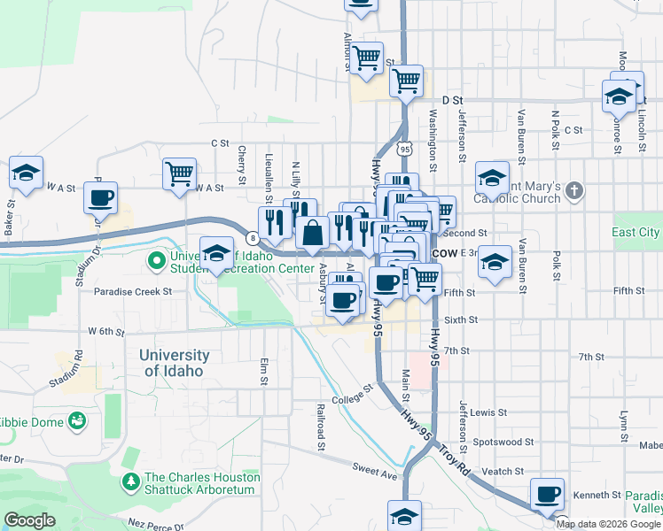 map of restaurants, bars, coffee shops, grocery stores, and more near 310 West 3rd Street in Moscow