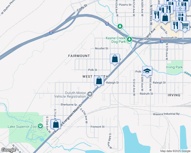 map of restaurants, bars, coffee shops, grocery stores, and more near in Duluth