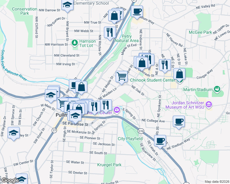 map of restaurants, bars, coffee shops, grocery stores, and more near 610 Northeast Maiden Lane in Pullman