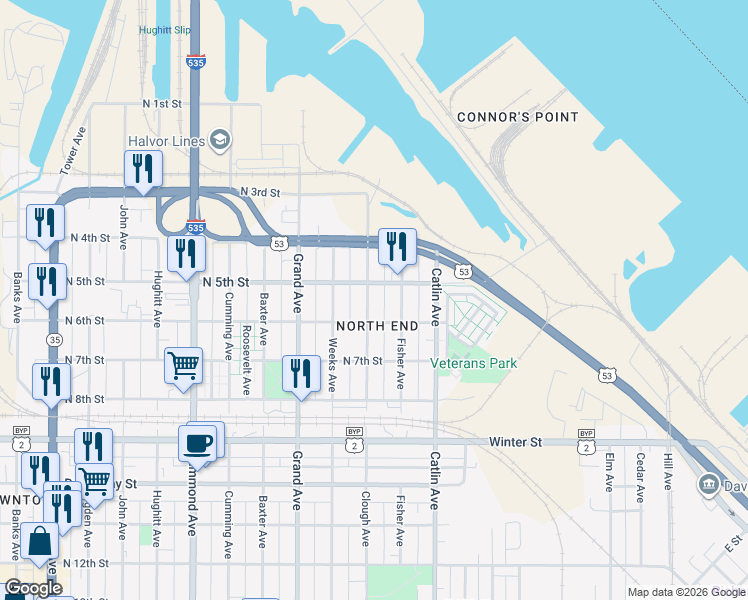 map of restaurants, bars, coffee shops, grocery stores, and more near 814 North 5th Street in Superior
