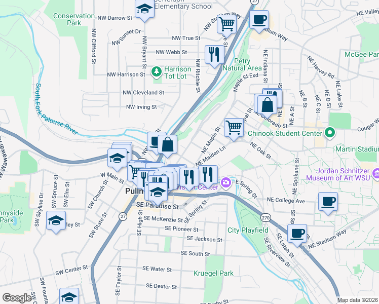 map of restaurants, bars, coffee shops, grocery stores, and more near 310 Northeast Spaulding Street in Pullman
