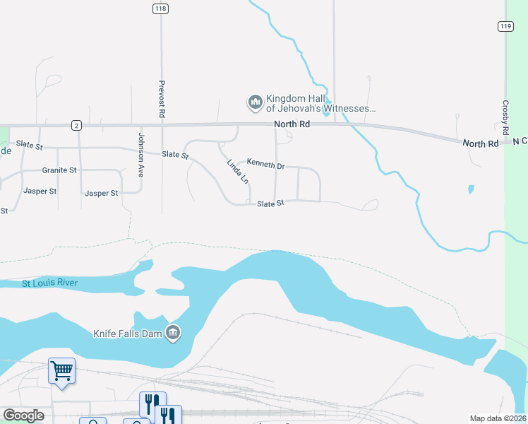 map of restaurants, bars, coffee shops, grocery stores, and more near 1301 Slate Street in Cloquet