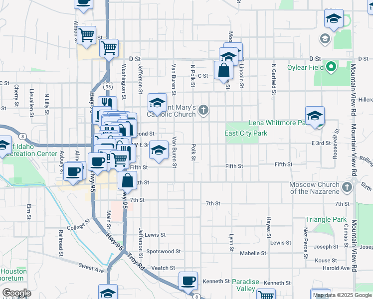 map of restaurants, bars, coffee shops, grocery stores, and more near 604 East 3rd Street in Moscow