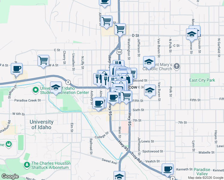 map of restaurants, bars, coffee shops, grocery stores, and more near 201 South Jackson Street in Moscow