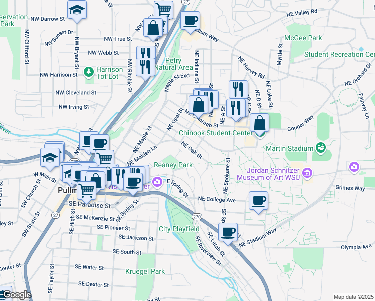 map of restaurants, bars, coffee shops, grocery stores, and more near 545 Northeast Oak Street in Pullman