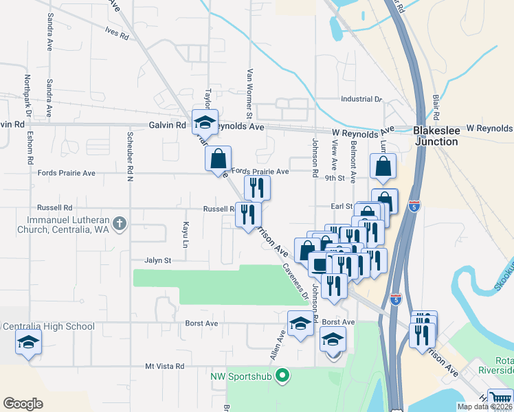 map of restaurants, bars, coffee shops, grocery stores, and more near 1402 Harrison Avenue in Centralia