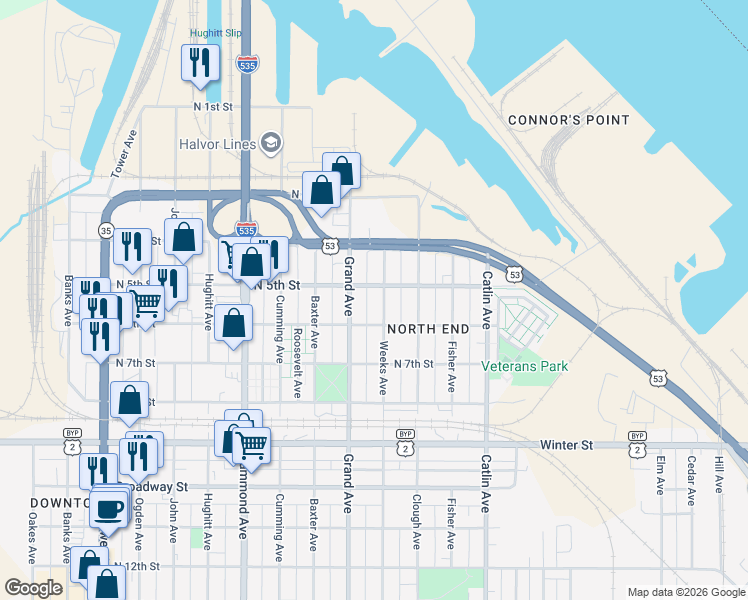 map of restaurants, bars, coffee shops, grocery stores, and more near 502 Grand Avenue in Superior