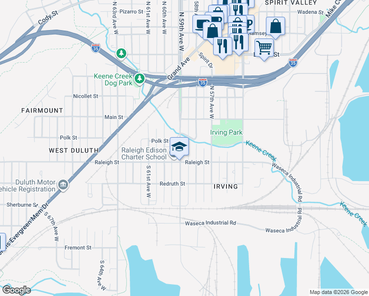 map of restaurants, bars, coffee shops, grocery stores, and more near 101 South 59th Avenue West in Duluth