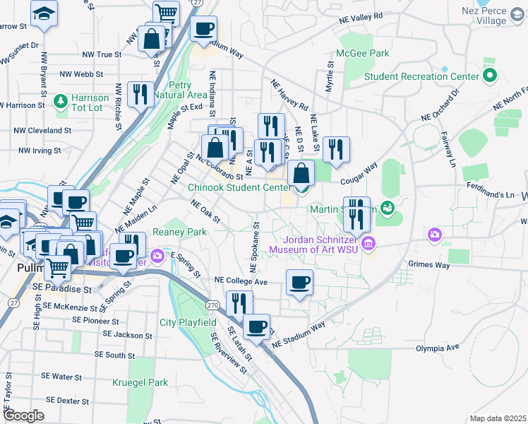 map of restaurants, bars, coffee shops, grocery stores, and more near 960 Northeast Campus Street in Pullman