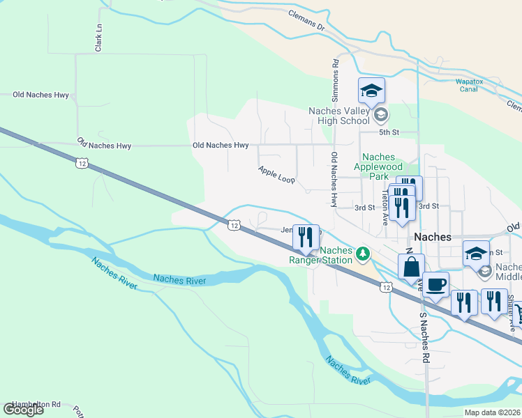 map of restaurants, bars, coffee shops, grocery stores, and more near 10683 U.S. 12 in Naches