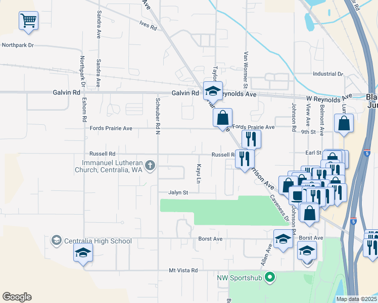 map of restaurants, bars, coffee shops, grocery stores, and more near 3003 Russell Road in Centralia