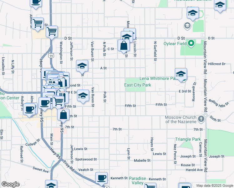 map of restaurants, bars, coffee shops, grocery stores, and more near 704 East 3rd Street in Moscow