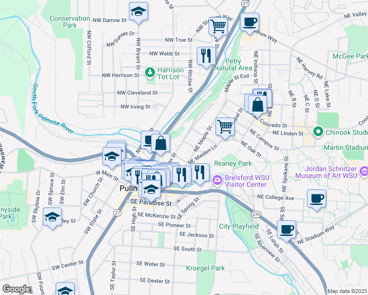 map of restaurants, bars, coffee shops, grocery stores, and more near 310 Northeast Spaulding Street in Pullman