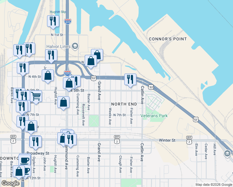 map of restaurants, bars, coffee shops, grocery stores, and more near 501 Clough Avenue in Superior