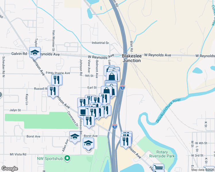 map of restaurants, bars, coffee shops, grocery stores, and more near 1420 Lum Road in Centralia