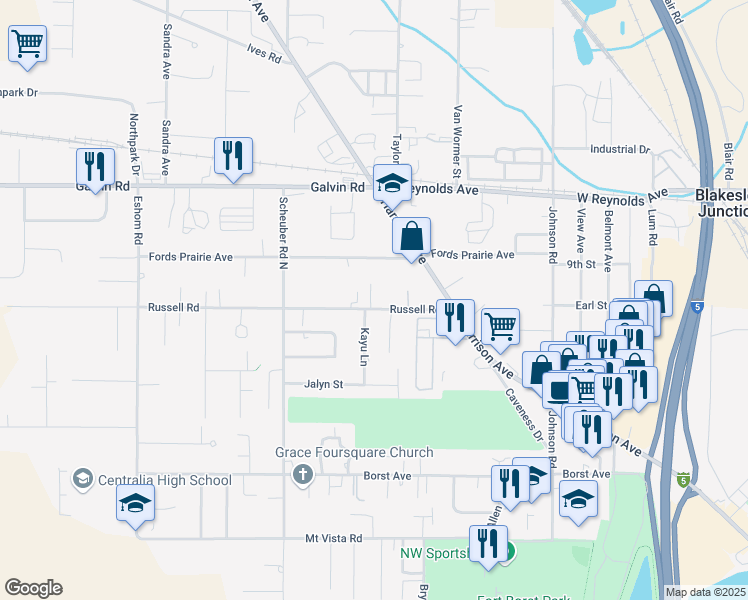 map of restaurants, bars, coffee shops, grocery stores, and more near 2809 Russell Road in Centralia