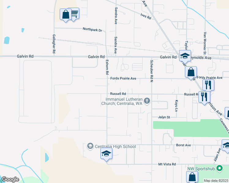 map of restaurants, bars, coffee shops, grocery stores, and more near 3315 Russell Road in Centralia