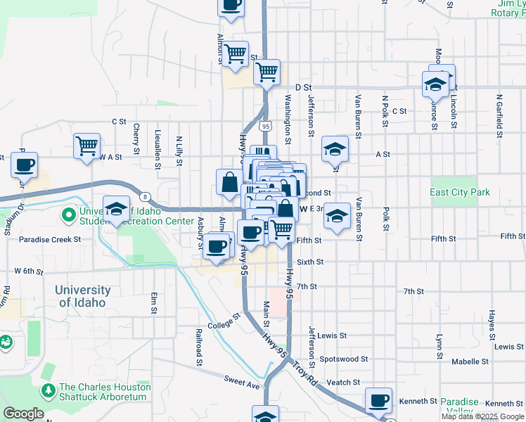 map of restaurants, bars, coffee shops, grocery stores, and more near 221 South Main Street in Moscow