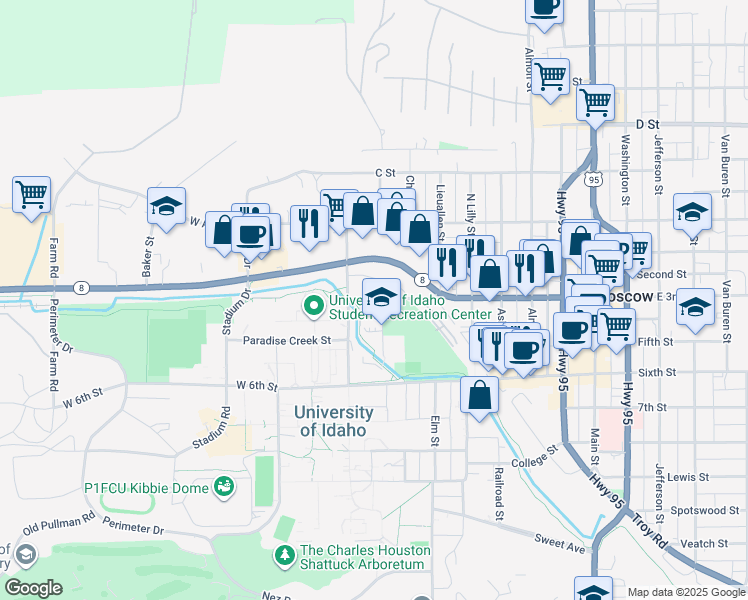 map of restaurants, bars, coffee shops, grocery stores, and more near 798 West 3rd Street in Moscow