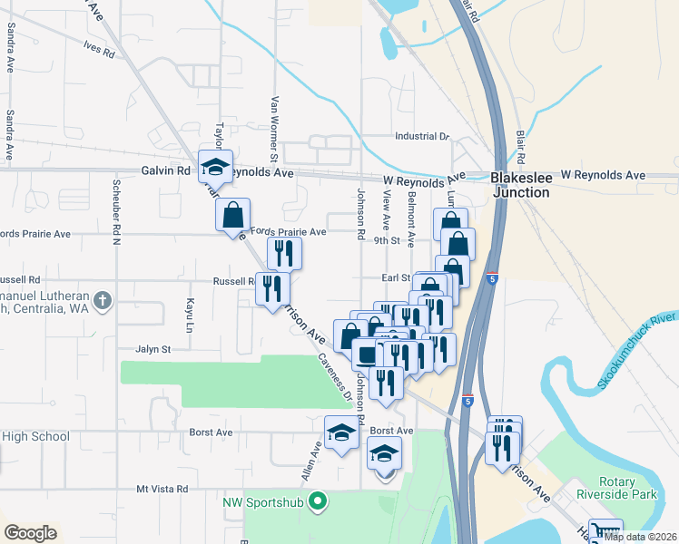 map of restaurants, bars, coffee shops, grocery stores, and more near 1402 Harrison Avenue in Centralia