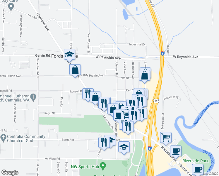 map of restaurants, bars, coffee shops, grocery stores, and more near 1402 Harrison Avenue in Centralia