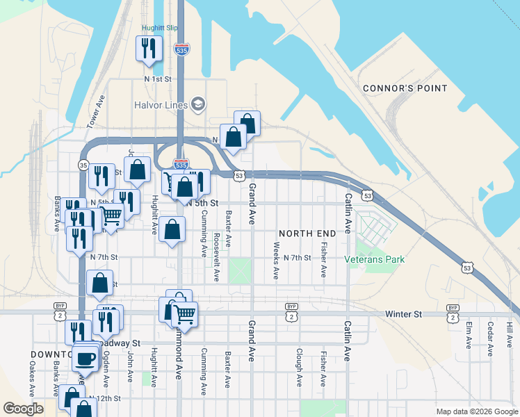 map of restaurants, bars, coffee shops, grocery stores, and more near 502 Grand Avenue in Superior