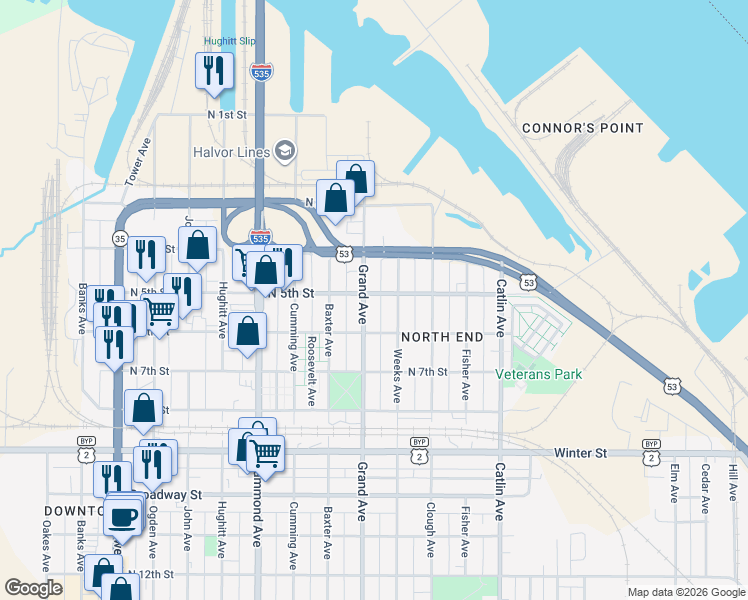 map of restaurants, bars, coffee shops, grocery stores, and more near 502 Grand Avenue in Superior