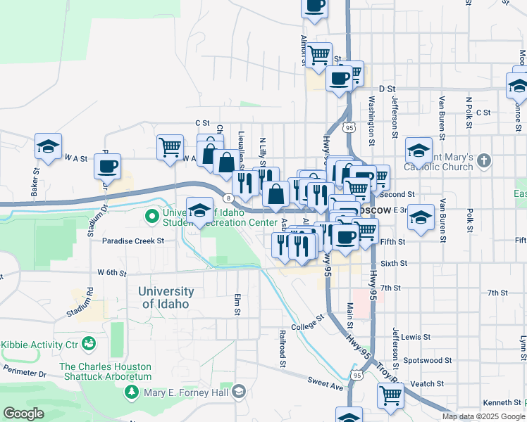 map of restaurants, bars, coffee shops, grocery stores, and more near West 3rd Street in Moscow