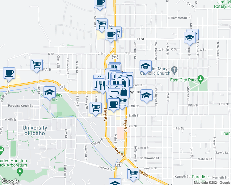 map of restaurants, bars, coffee shops, grocery stores, and more near South Main Street & East 3rd Street in Moscow