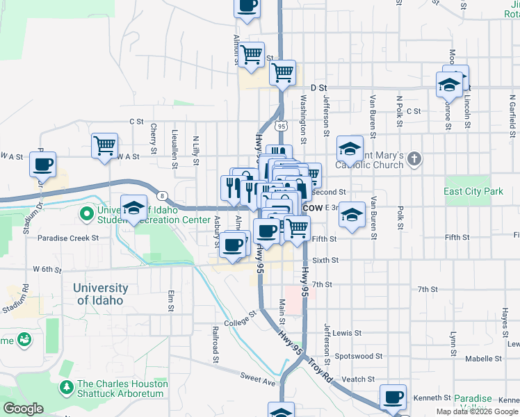 map of restaurants, bars, coffee shops, grocery stores, and more near U.S. Route 95 in Moscow